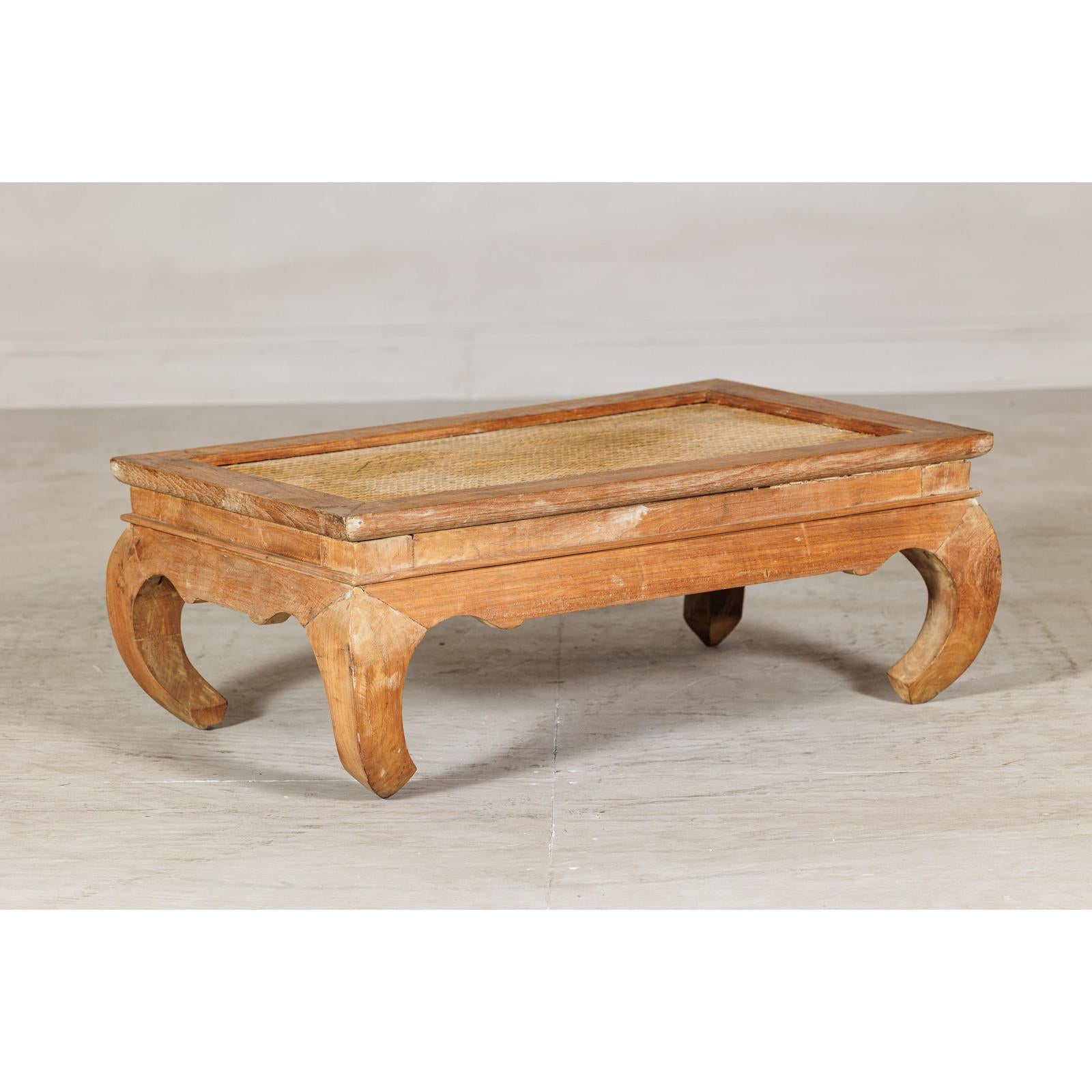 Country Style Low Wood Coffee Table with Woven Mat Top and Curved Legs-6. Asian &amp; Chinese Furniture, Art, Antiques, Vintage Home Décor for sale at FEA Home