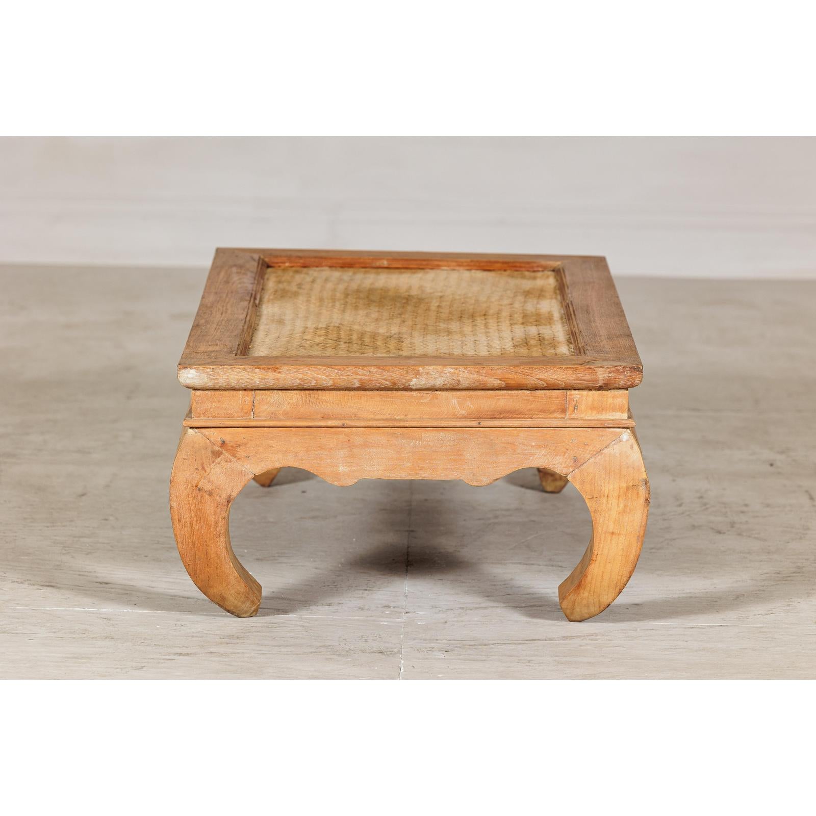 Country Style Low Wood Coffee Table with Woven Mat Top and Curved Legs-7. Asian &amp; Chinese Furniture, Art, Antiques, Vintage Home Décor for sale at FEA Home