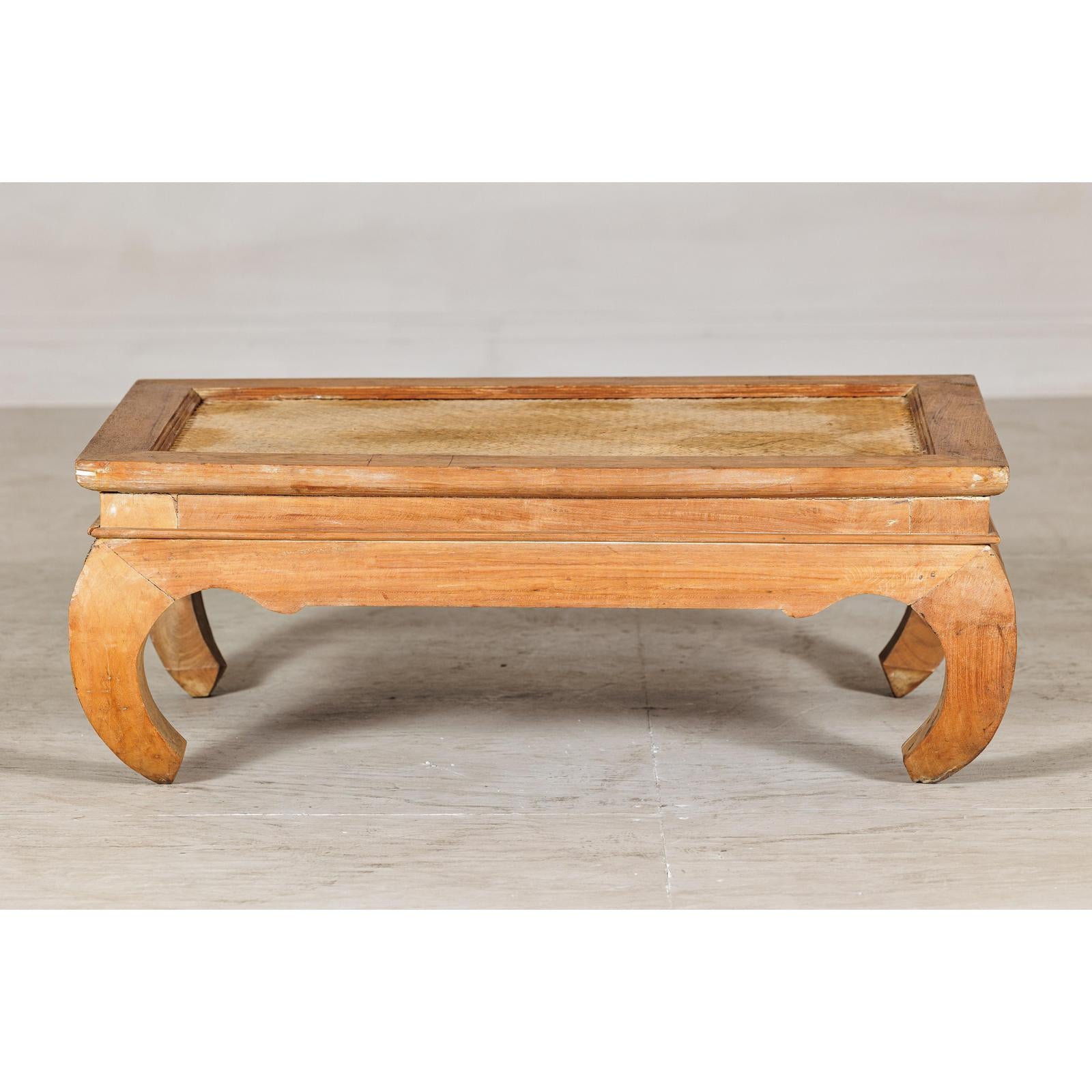 Country Style Low Wood Coffee Table with Woven Mat Top and Curved Legs-8. Asian &amp; Chinese Furniture, Art, Antiques, Vintage Home Décor for sale at FEA Home