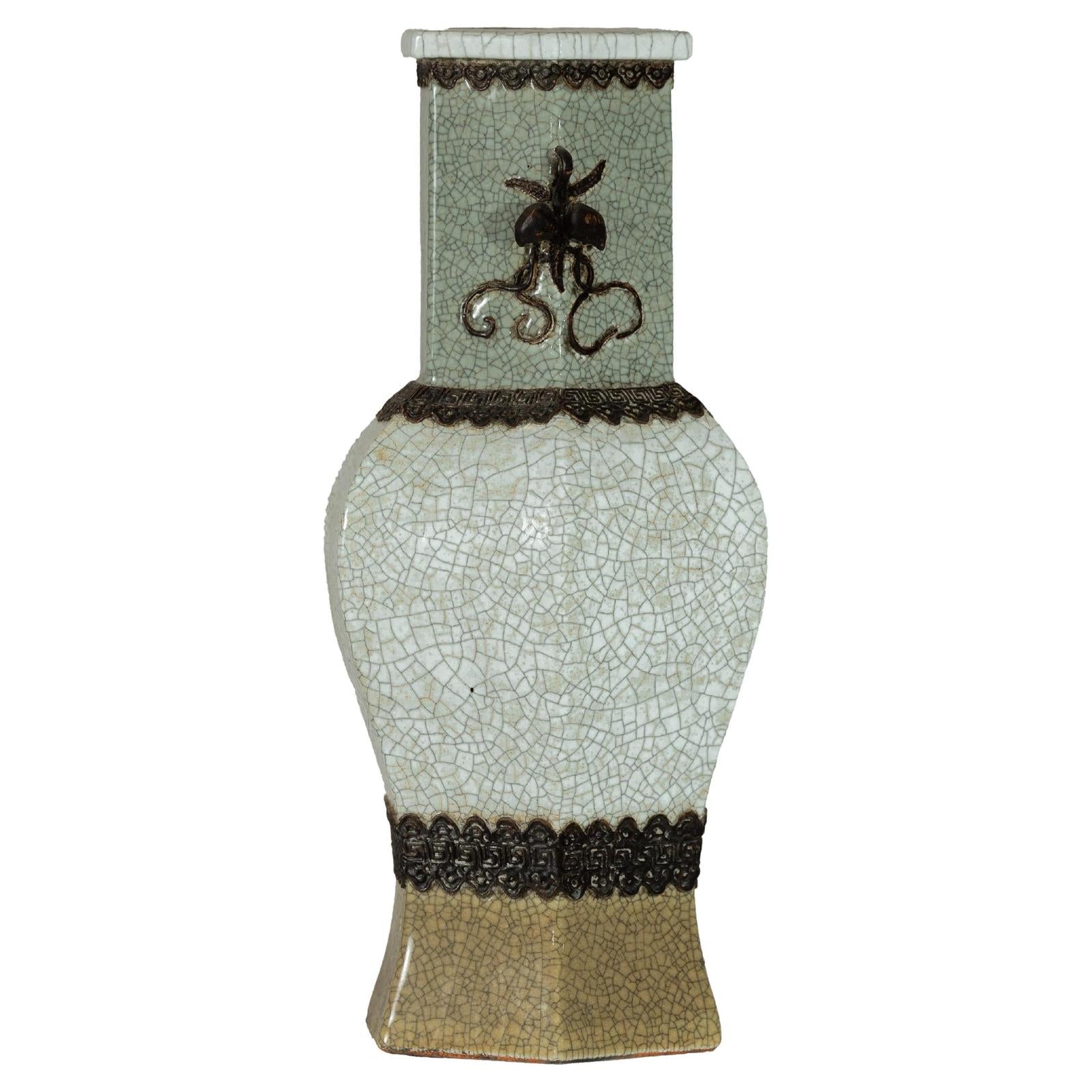 Crackle Celadon Hexagonal Vase with Greek Key and Decorative Motifs-1. Asian & Chinese Furniture, Art, Antiques, Vintage Home Décor for sale at FEA Home