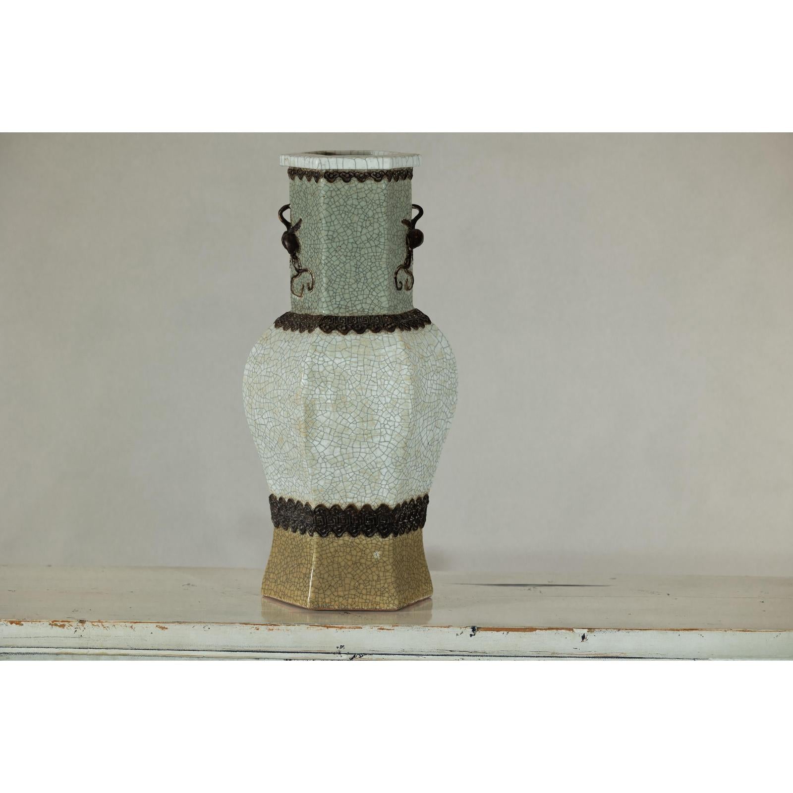 Crackle Celadon Hexagonal Vase with Greek Key and Decorative Motifs-10. Asian &amp; Chinese Furniture, Art, Antiques, Vintage Home Décor for sale at FEA Home