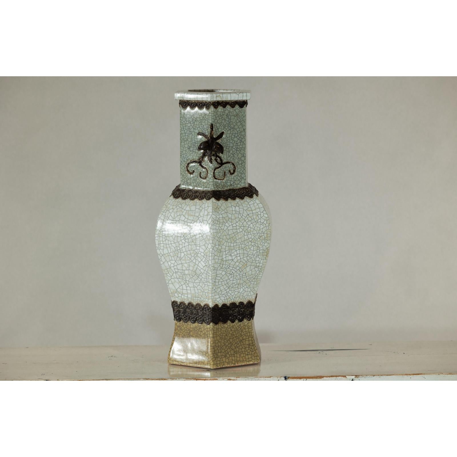 Crackle Celadon Hexagonal Vase with Greek Key and Decorative Motifs-11. Asian &amp; Chinese Furniture, Art, Antiques, Vintage Home Décor for sale at FEA Home
