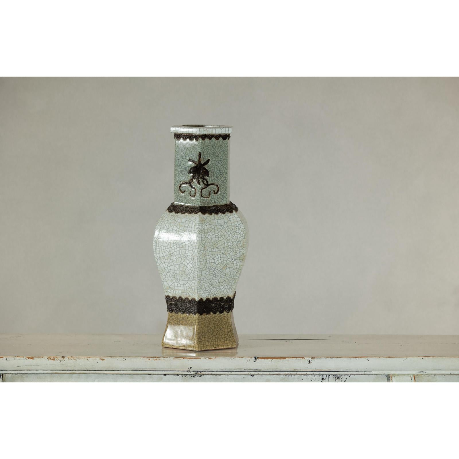 Crackle Celadon Hexagonal Vase with Greek Key and Decorative Motifs-12. Asian &amp; Chinese Furniture, Art, Antiques, Vintage Home Décor for sale at FEA Home