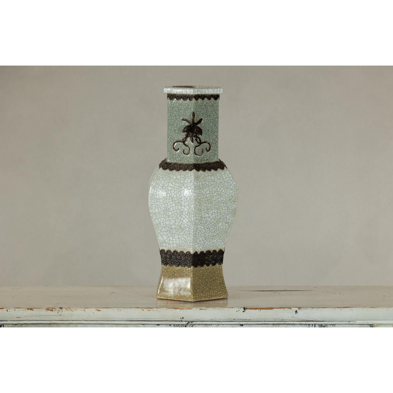 Crackle Celadon Hexagonal Vase with Greek Key and Decorative Motifs-13. Asian &amp; Chinese Furniture, Art, Antiques, Vintage Home Décor for sale at FEA Home