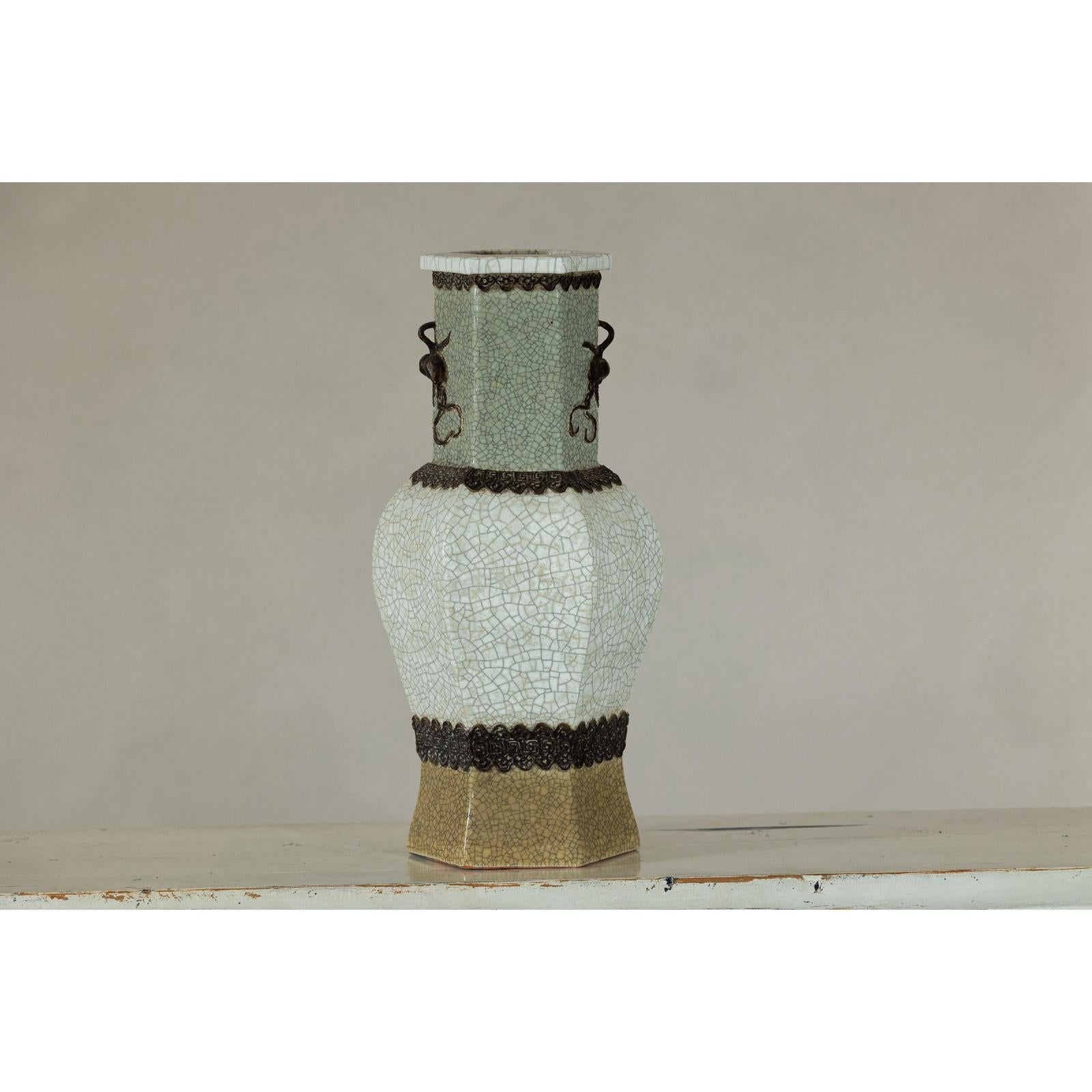 Crackle Celadon Hexagonal Vase with Greek Key and Decorative Motifs-14. Asian &amp; Chinese Furniture, Art, Antiques, Vintage Home Décor for sale at FEA Home