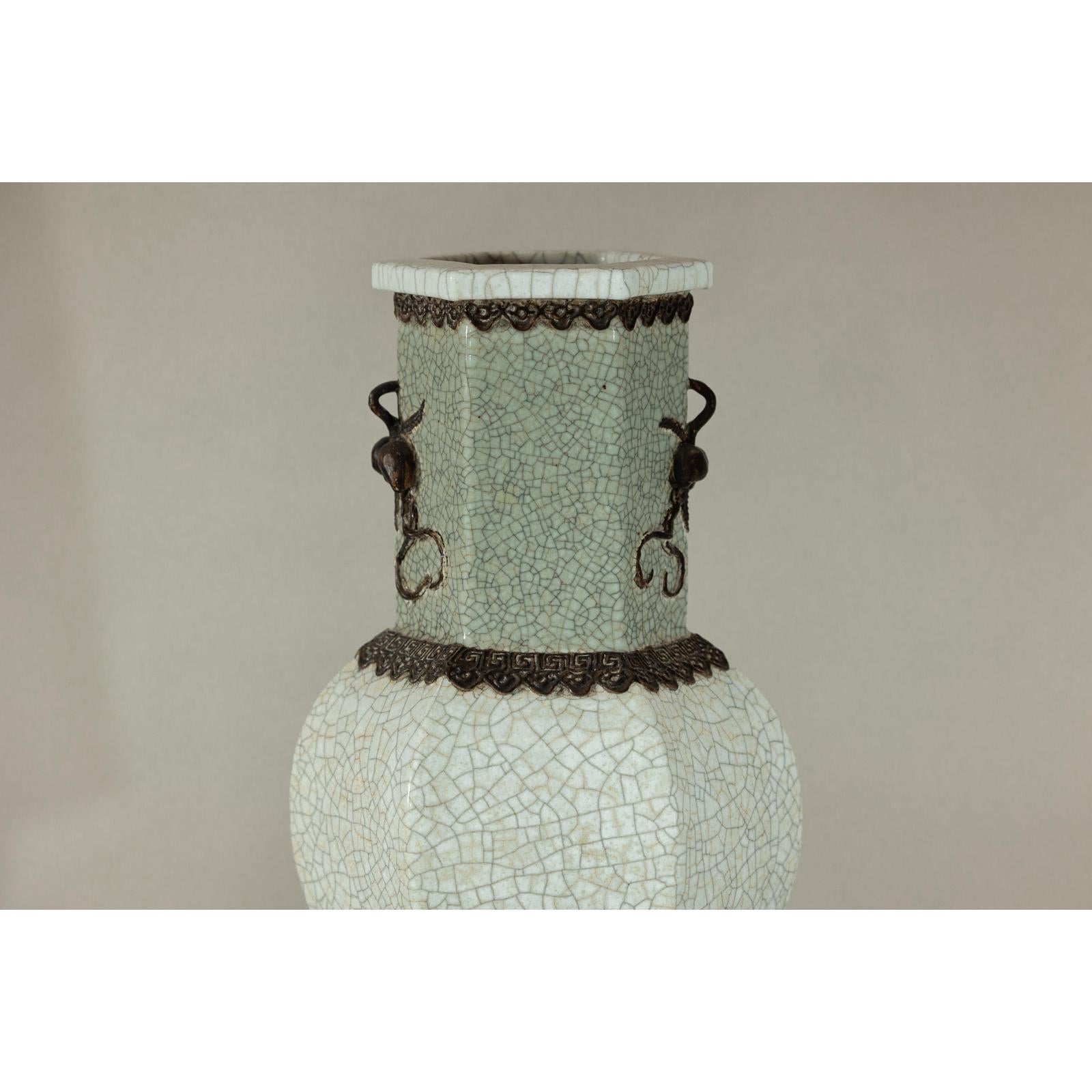 Crackle Celadon Hexagonal Vase with Greek Key and Decorative Motifs-15. Asian &amp; Chinese Furniture, Art, Antiques, Vintage Home Décor for sale at FEA Home