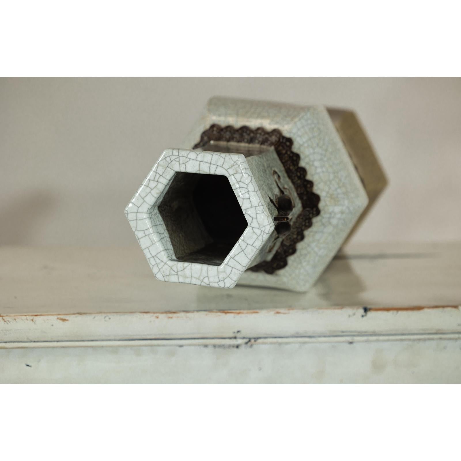 Crackle Celadon Hexagonal Vase with Greek Key and Decorative Motifs-16. Asian &amp; Chinese Furniture, Art, Antiques, Vintage Home Décor for sale at FEA Home