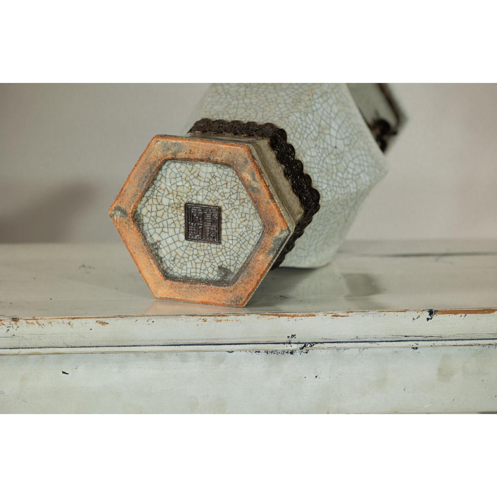 Crackle Celadon Hexagonal Vase with Greek Key and Decorative Motifs-17. Asian &amp; Chinese Furniture, Art, Antiques, Vintage Home Décor for sale at FEA Home