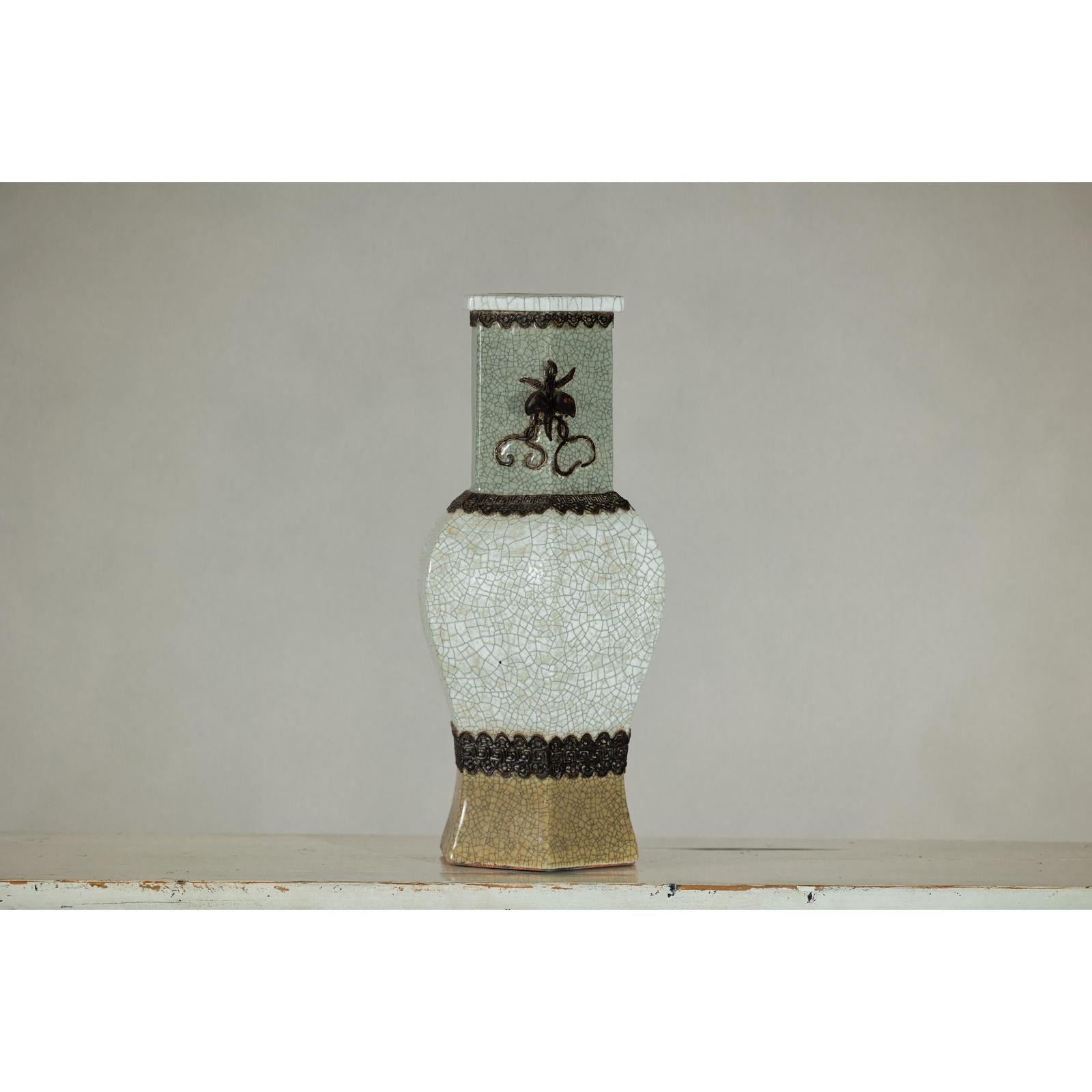 Crackle Celadon Hexagonal Vase with Greek Key and Decorative Motifs-18. Asian &amp; Chinese Furniture, Art, Antiques, Vintage Home Décor for sale at FEA Home