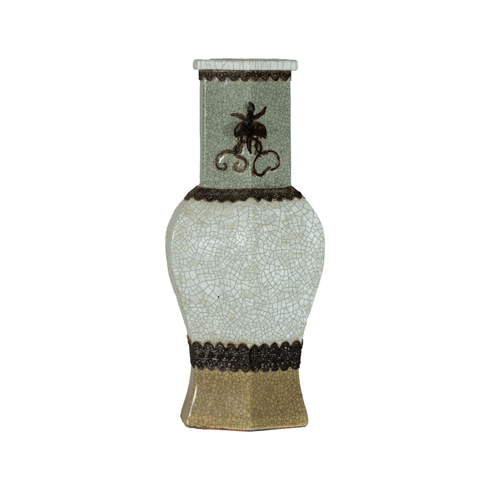 Crackle Celadon Hexagonal Vase with Greek Key and Decorative Motifs-19. Asian &amp; Chinese Furniture, Art, Antiques, Vintage Home Décor for sale at FEA Home
