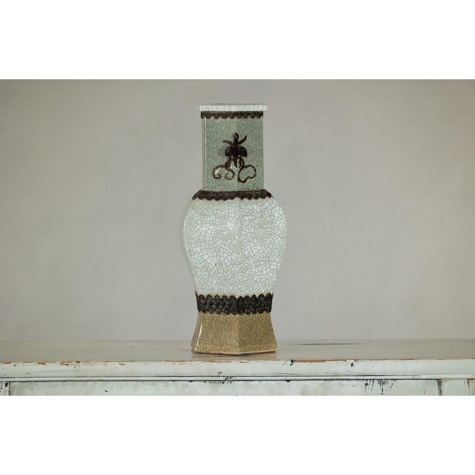 Crackle Celadon Hexagonal Vase with Greek Key and Decorative Motifs-3. Asian &amp; Chinese Furniture, Art, Antiques, Vintage Home Décor for sale at FEA Home