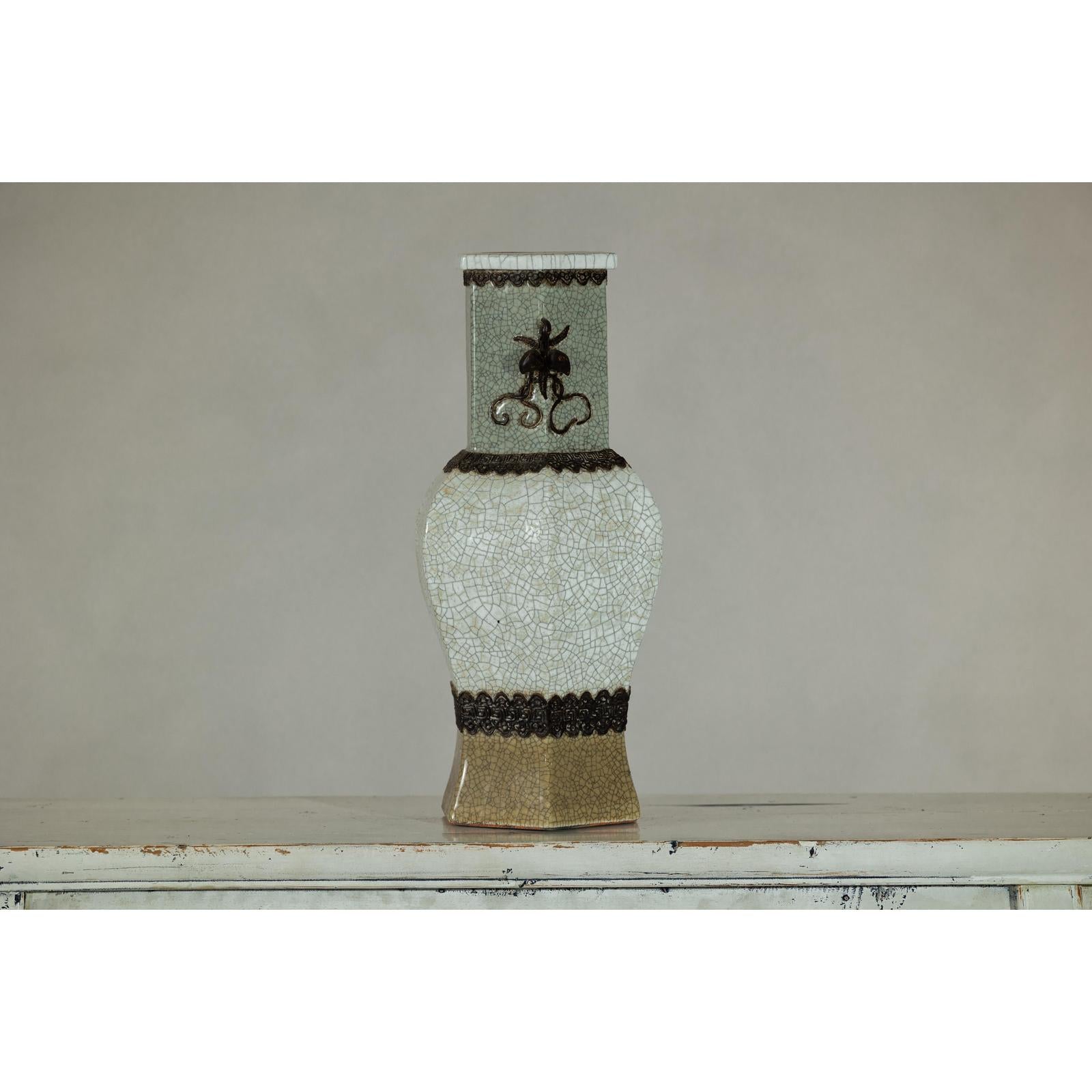 Crackle Celadon Hexagonal Vase with Greek Key and Decorative Motifs-4. Asian &amp; Chinese Furniture, Art, Antiques, Vintage Home Décor for sale at FEA Home