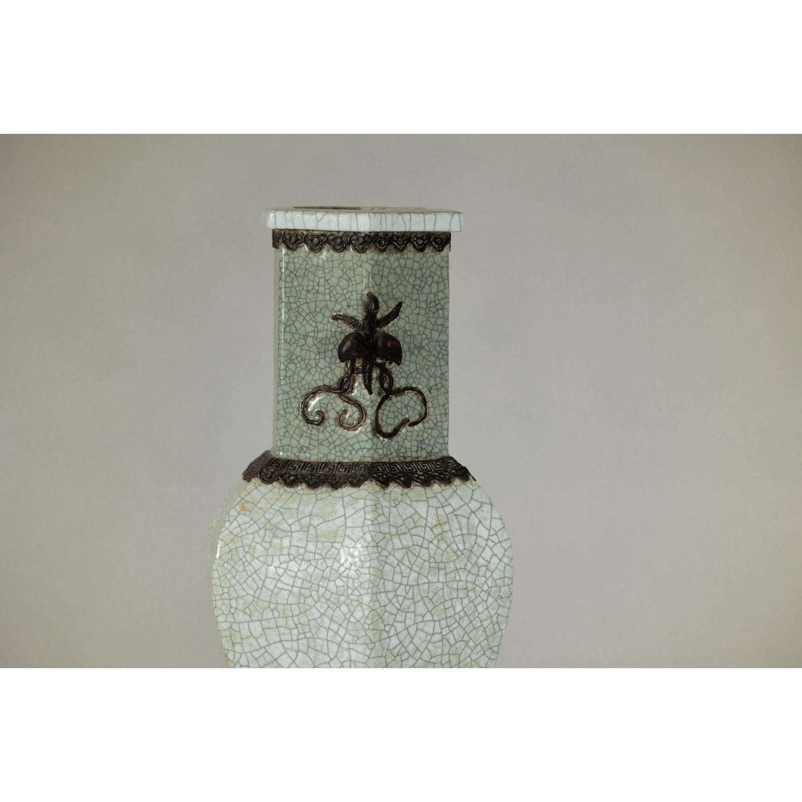 Crackle Celadon Hexagonal Vase with Greek Key and Decorative Motifs-5. Asian &amp; Chinese Furniture, Art, Antiques, Vintage Home Décor for sale at FEA Home