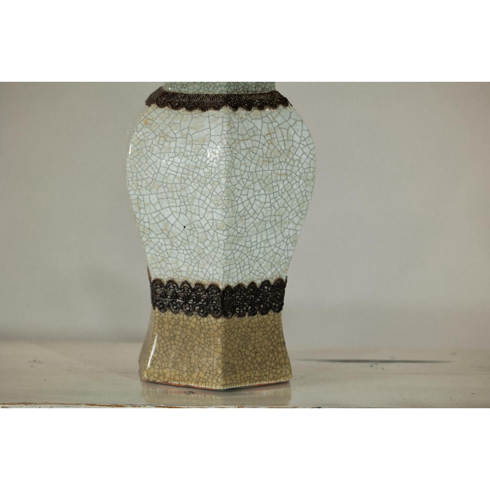 Crackle Celadon Hexagonal Vase with Greek Key and Decorative Motifs-6. Asian &amp; Chinese Furniture, Art, Antiques, Vintage Home Décor for sale at FEA Home