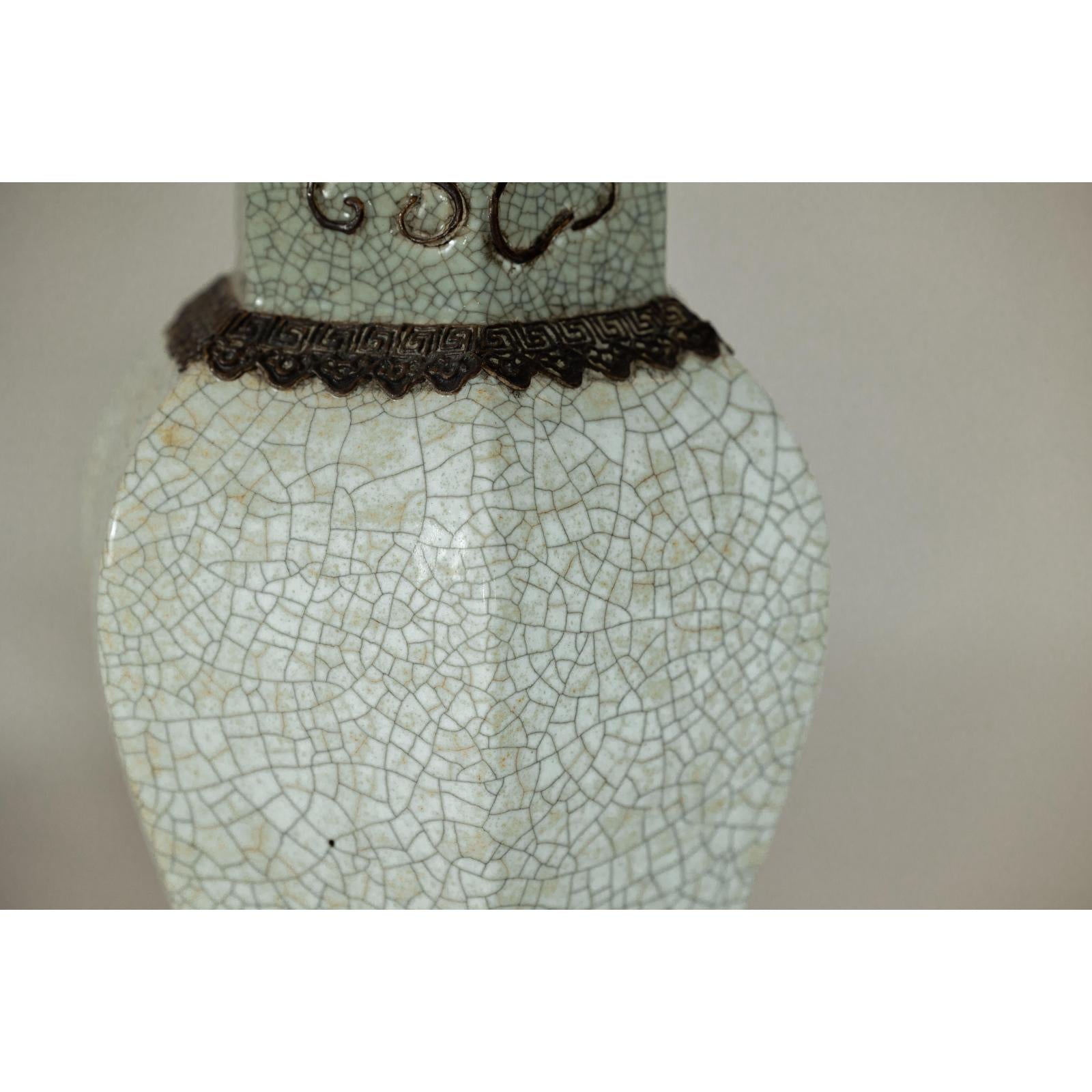Crackle Celadon Hexagonal Vase with Greek Key and Decorative Motifs-7. Asian &amp; Chinese Furniture, Art, Antiques, Vintage Home Décor for sale at FEA Home