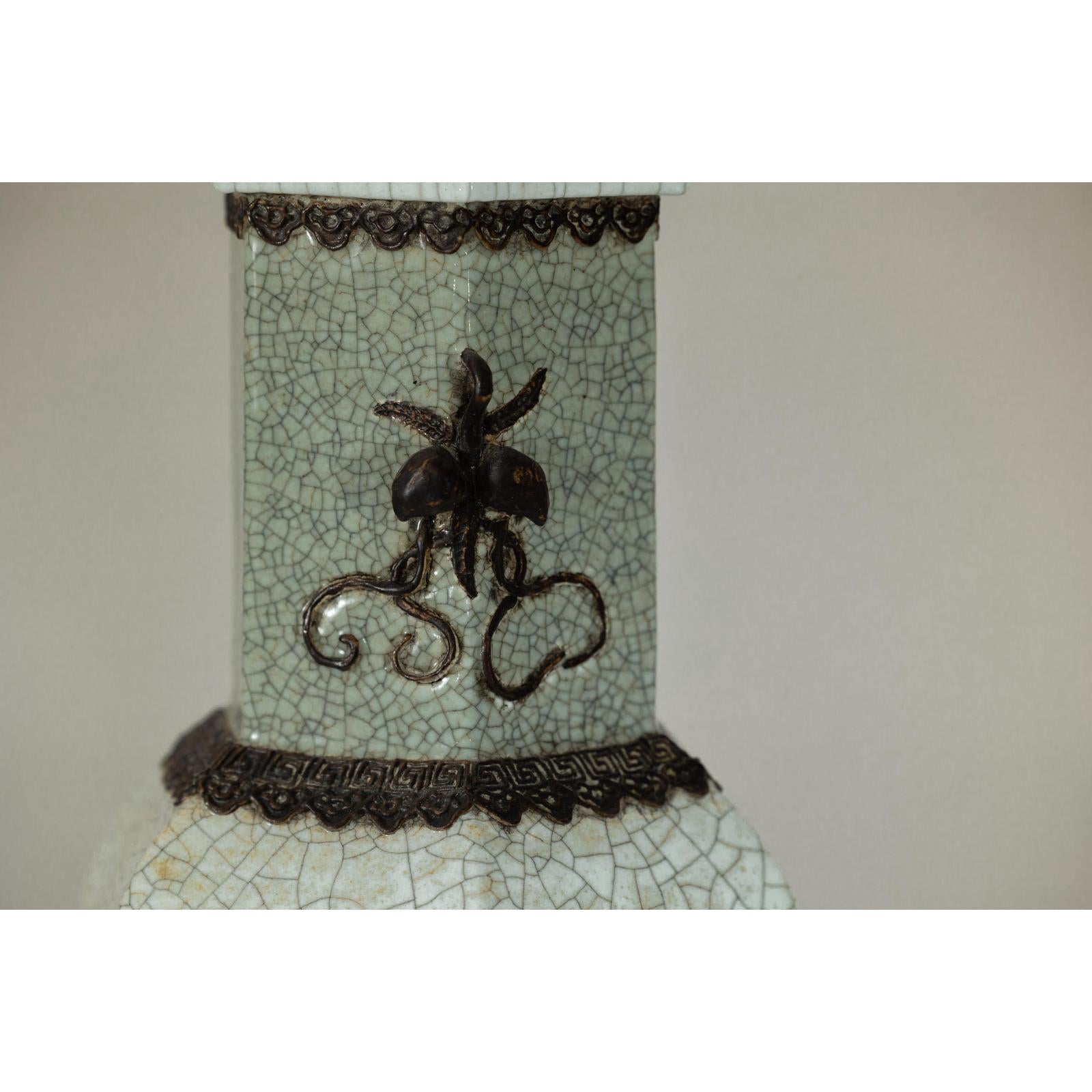 Crackle Celadon Hexagonal Vase with Greek Key and Decorative Motifs-8. Asian &amp; Chinese Furniture, Art, Antiques, Vintage Home Décor for sale at FEA Home