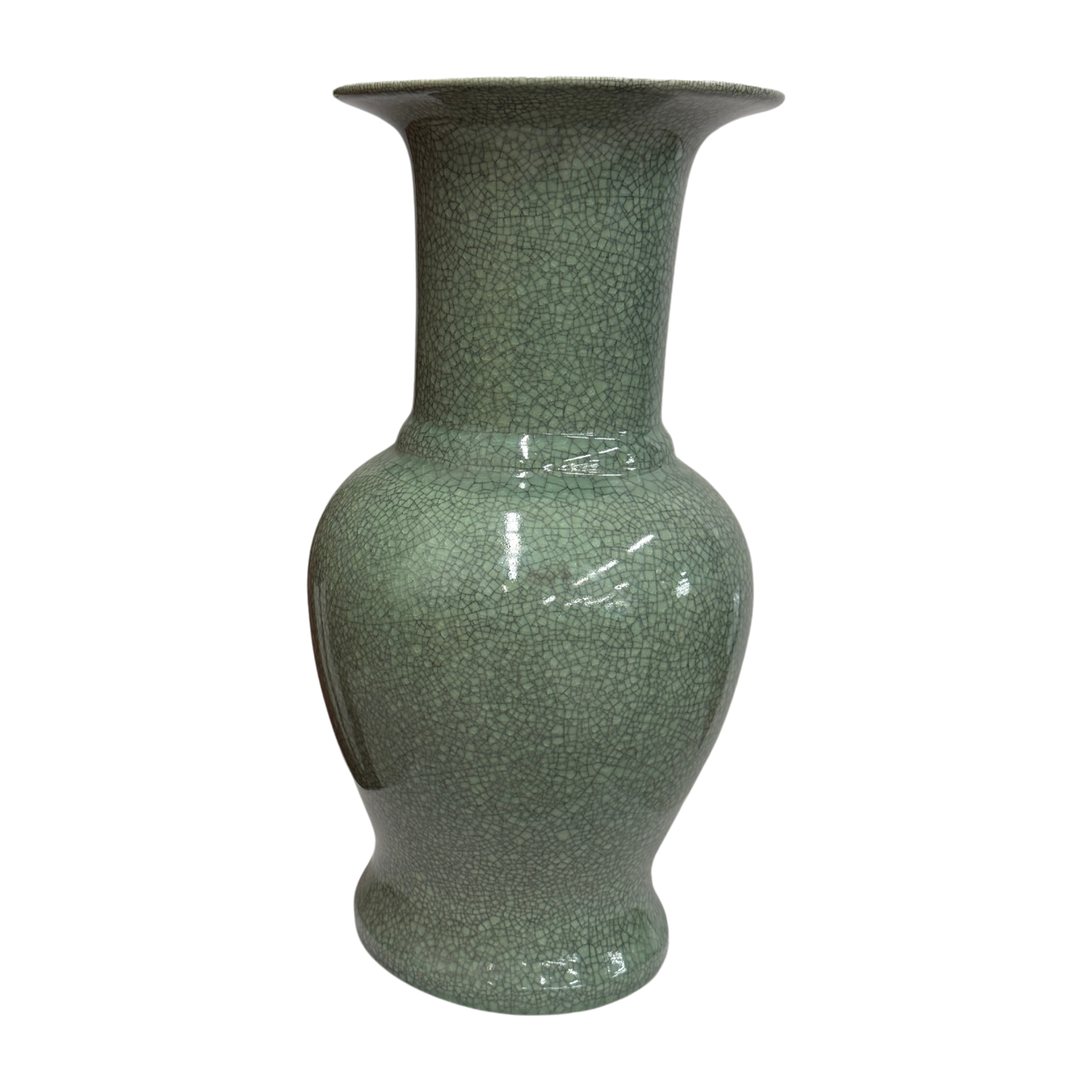 Crackle Sage Green Glazed Ceramic Vase with Tall Flared Neck, SKU , image 1