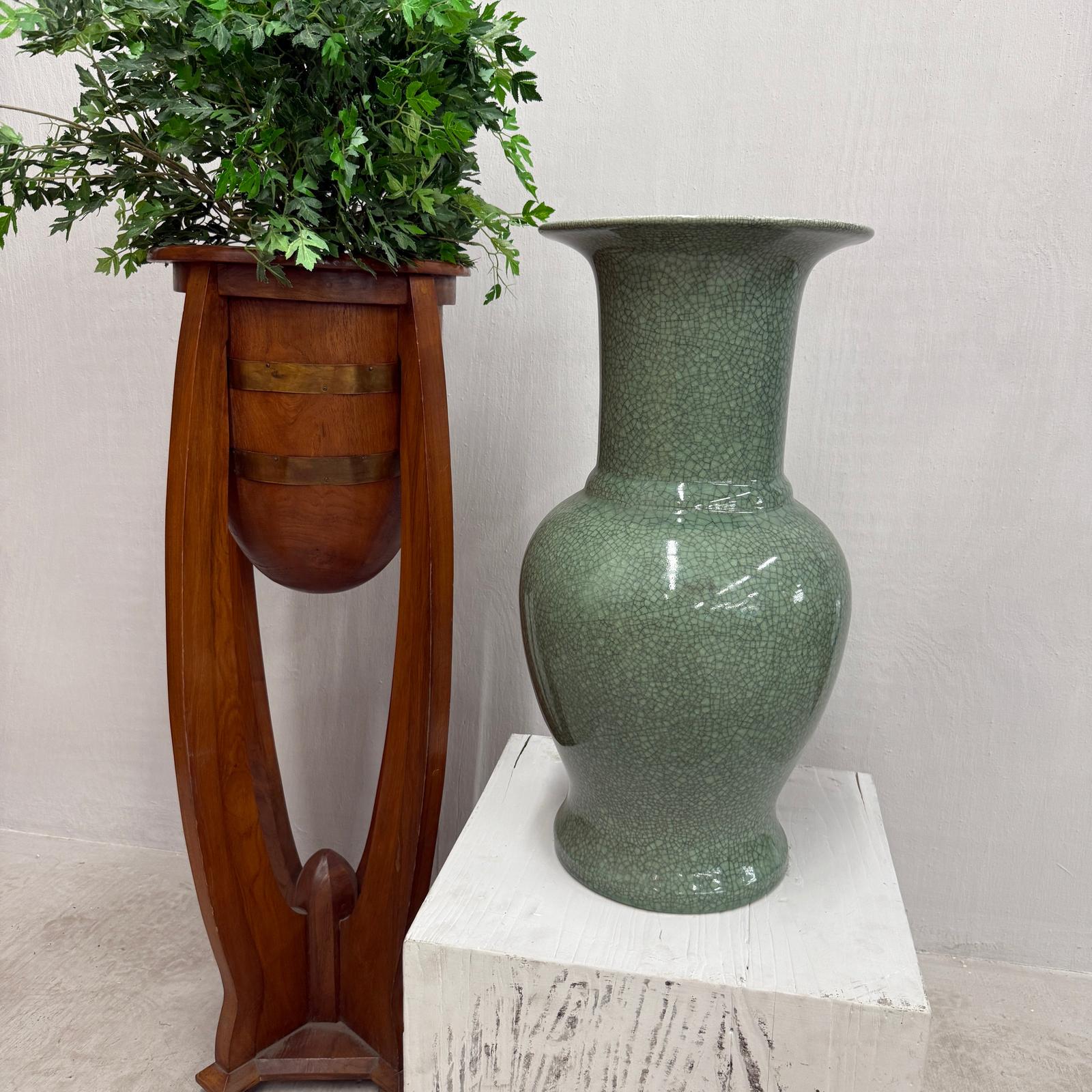 Crackle Sage Green Glazed Ceramic Vase with Tall Flared Neck, SKU , image 4