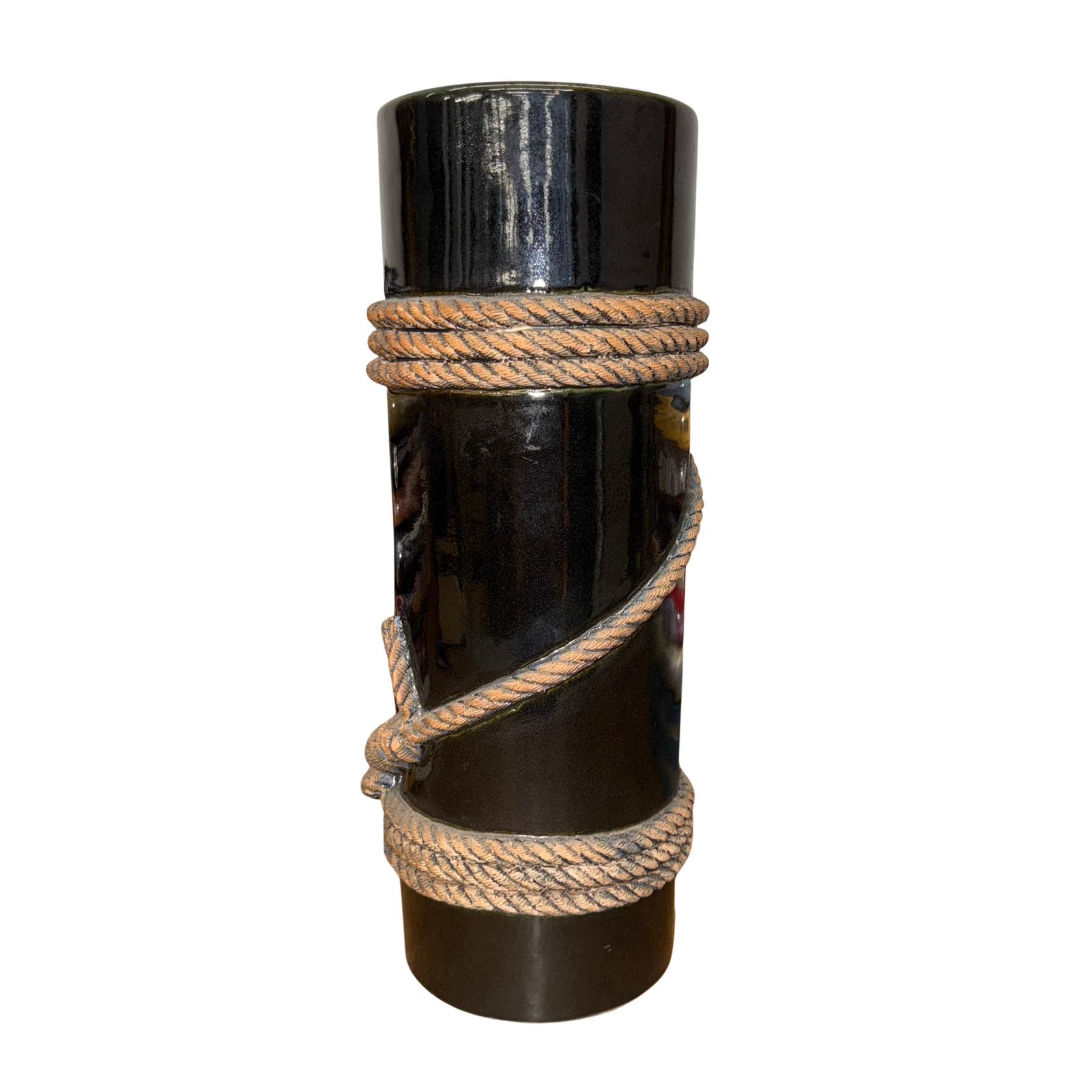 Deep Black Cylindrical Ceramic Vase with Rope Design, SKU YN2456, image 1
