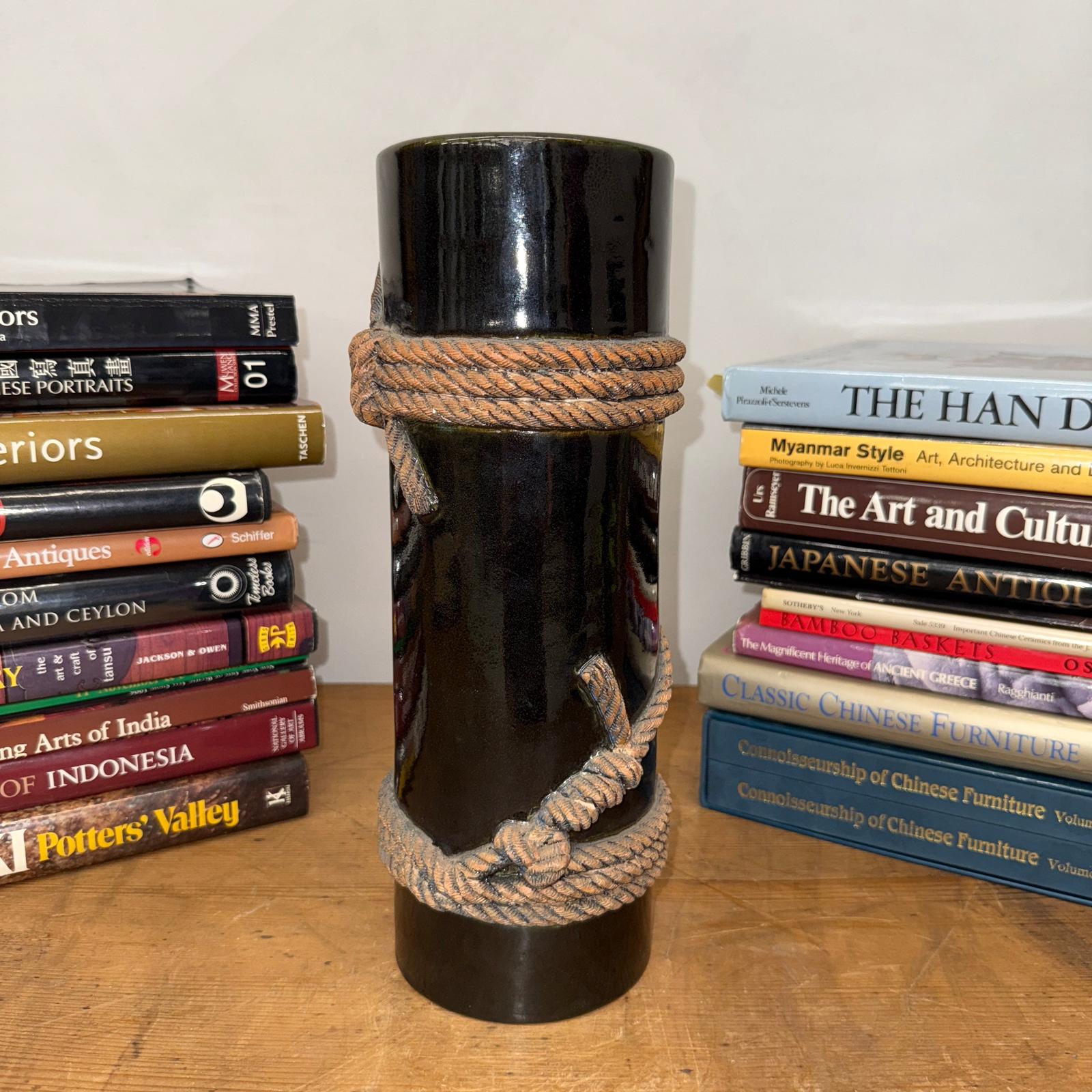 Deep Black Cylindrical Ceramic Vase with Rope Design, SKU , image 2