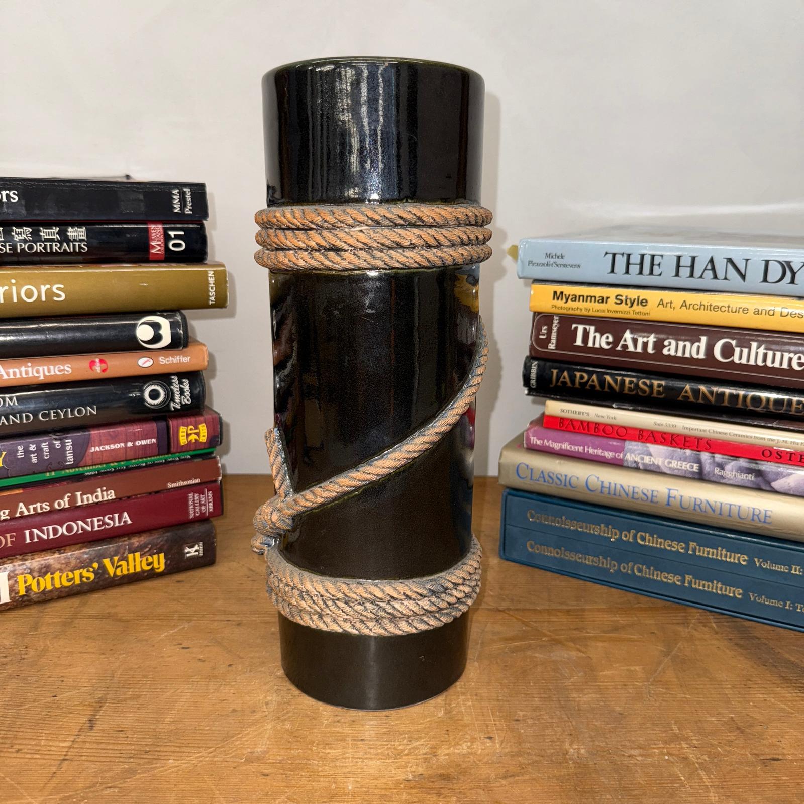 Deep Black Cylindrical Ceramic Vase with Rope Design, SKU , image 3