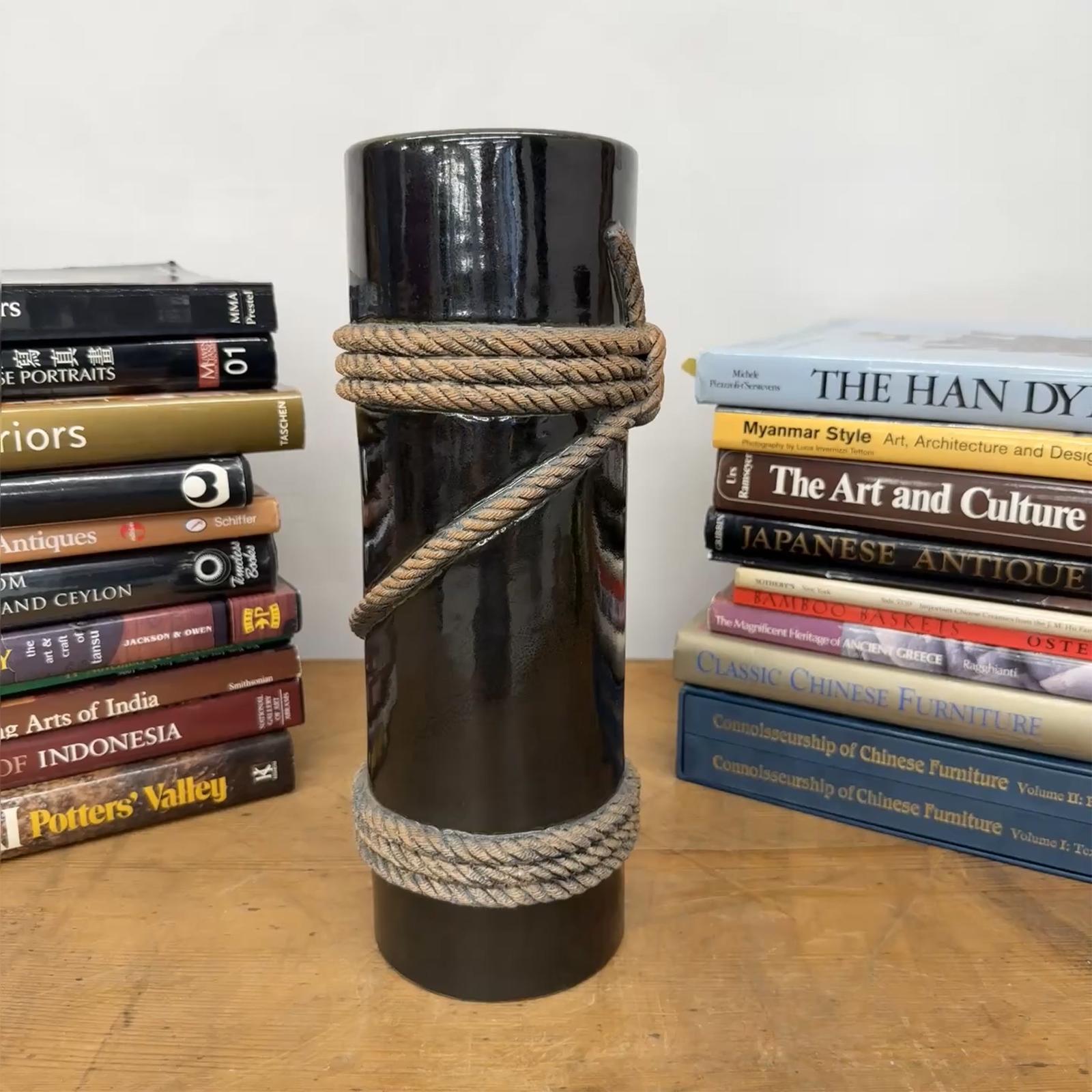 Deep Black Cylindrical Ceramic Vase with Rope Design, SKU , image 4