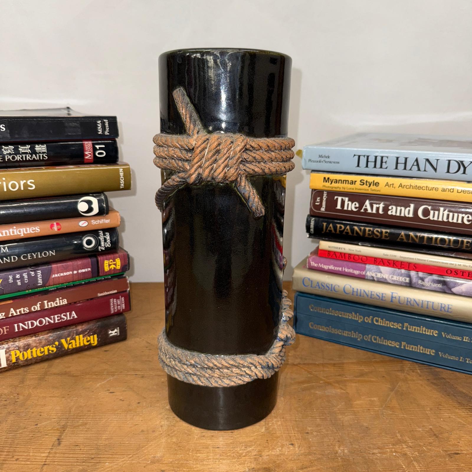 Deep Black Cylindrical Ceramic Vase with Rope Design, SKU , image 5