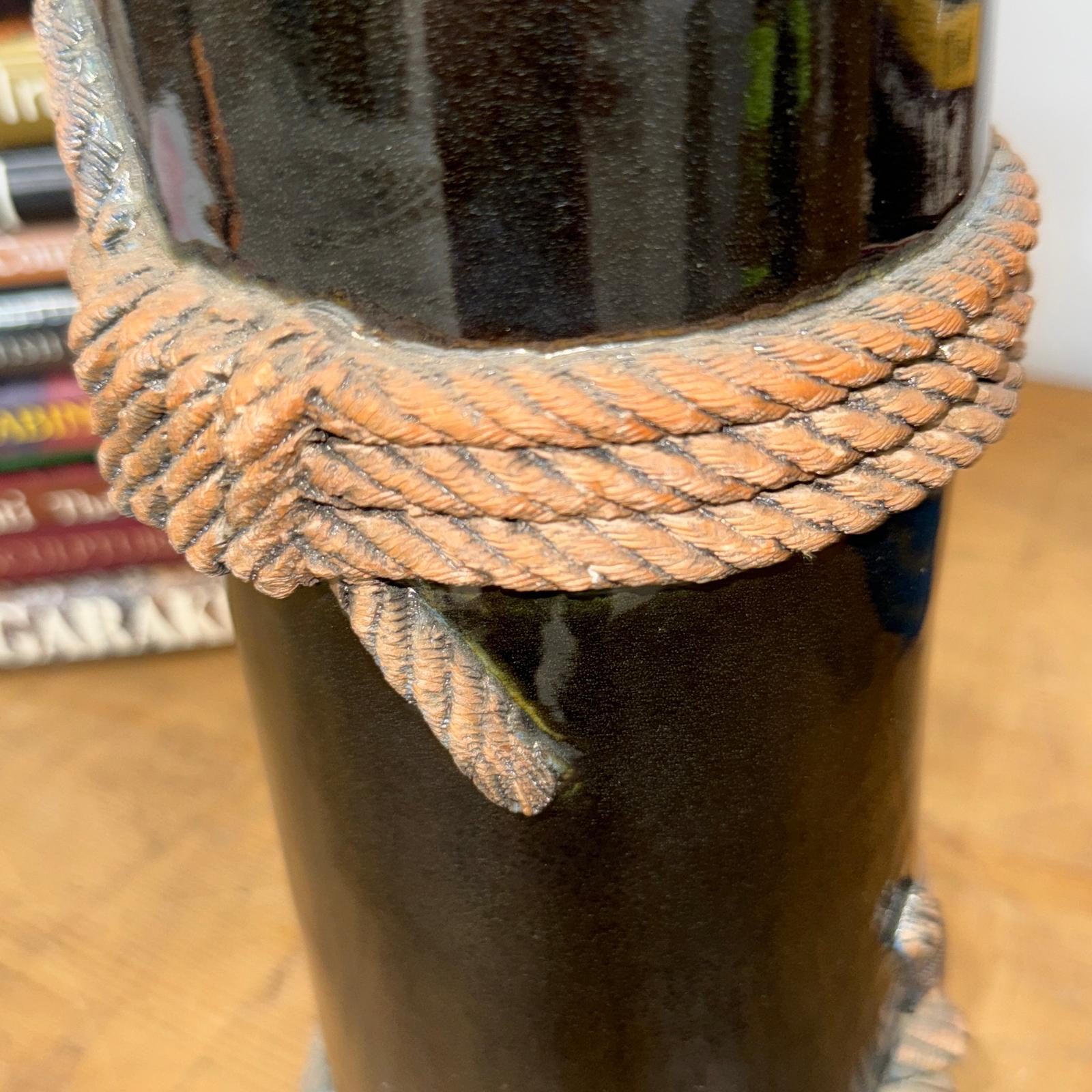 Deep Black Cylindrical Ceramic Vase with Rope Design, SKU , image 7