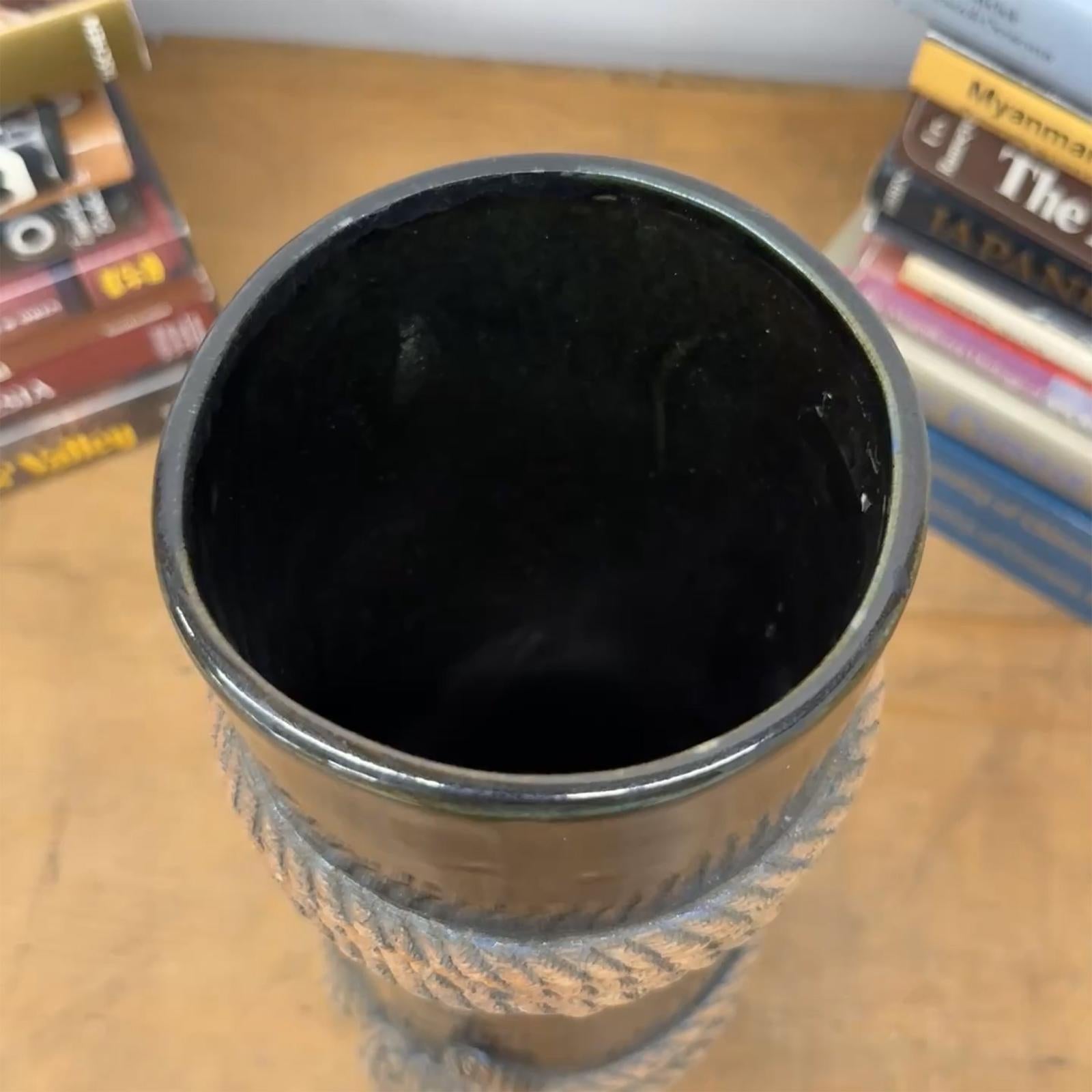 Deep Black Cylindrical Ceramic Vase with Rope Design, SKU , image 9