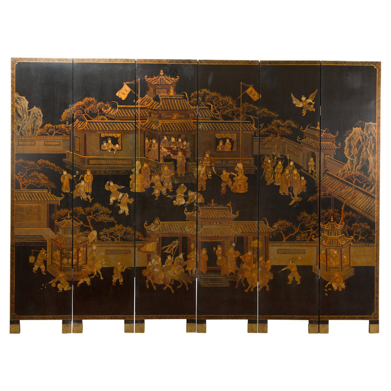 Vintage Six-Panel Gold and Black Screen with Hand-Painted Scenes-YN2876-21. Asian & Chinese Furniture, Art, Antiques, Vintage Home Décor for sale at FEA Home
