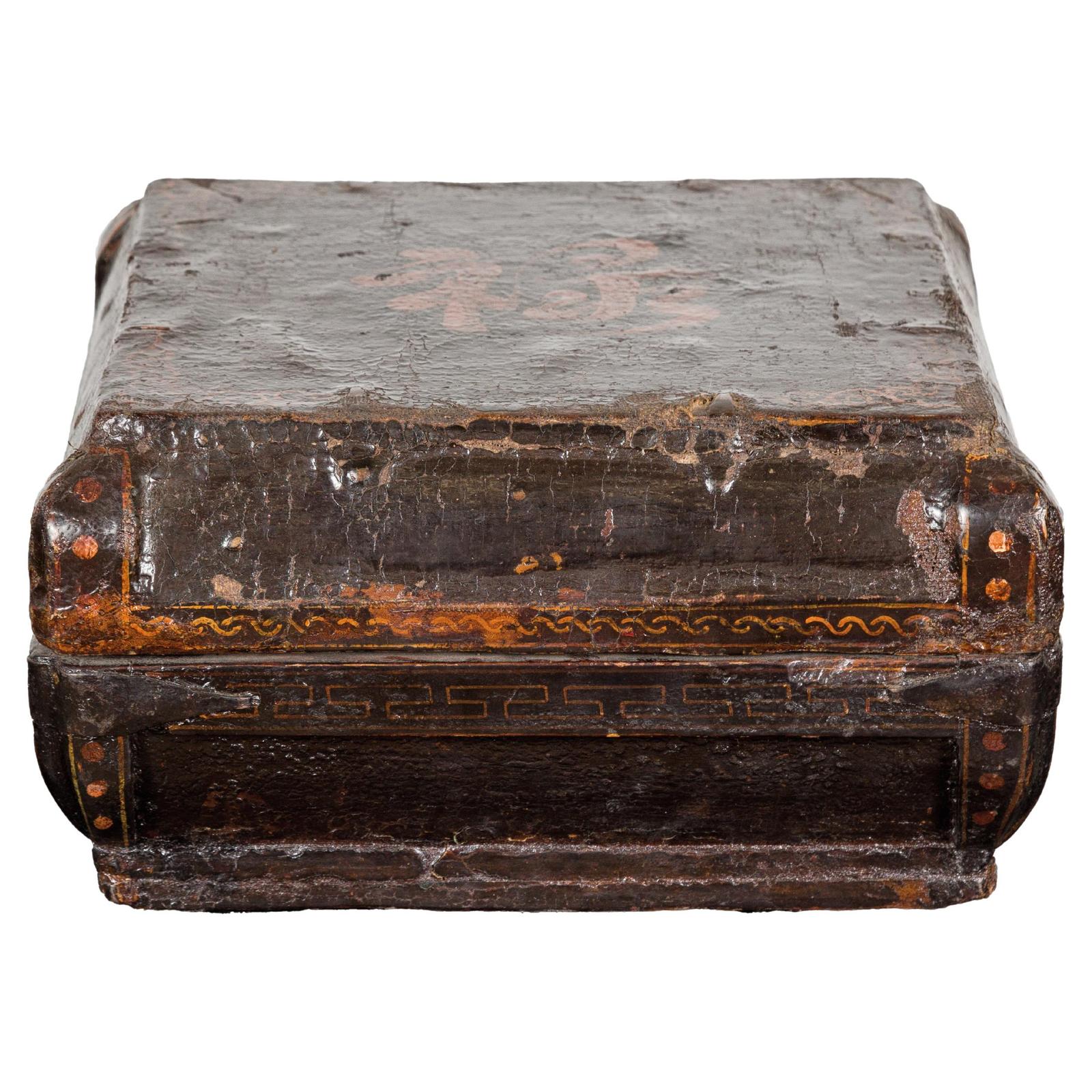 Old Chinese Lacquered Fabric over Wood Box with Calligraphy and Iron Braces