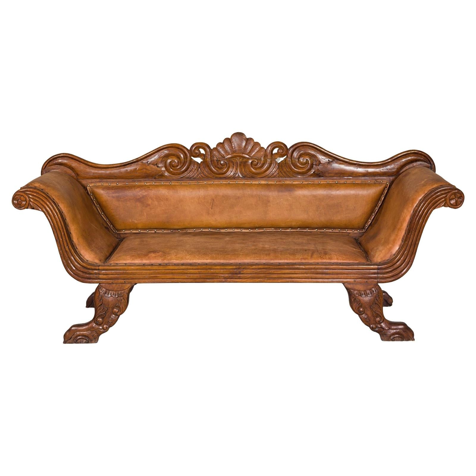 Dutch Colonial Settee with Original Leather & Carved Wood | FEA Home