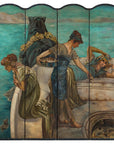 Classical 4-Panel Scalloped Screen with Hand-Painted Maidens and Coastal Scene