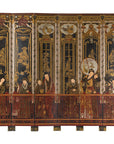 Late Qing Lacquered Six-Panel Screen with Gilded Figures and Scenic Motifs