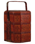 Vintage Reddish Brown Lacquer Woven Rattan Picnic Basket with Bamboo Handle