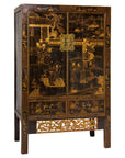 Late Qing Dynasty Black Lacquer Elm Cabinet with Gilt Motifs and Carved Apron