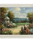 Impressionist Style Garden Painting with Gazebo and Waterfront, Signed R. Johns