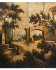 Hand-Painted Four-Panel Folding Screen with Architectural Landscape Scene