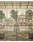 Hand-Painted Four-Panel Screen with Garden Pavilion and Peony Motifs