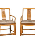 Pair of Ming-Style Hardwood Armchairs with Carved Medallion and Cushions