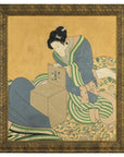 Japanese Hand-Painted Silk Artwork of a Seated Concubine in Giltwood Frame