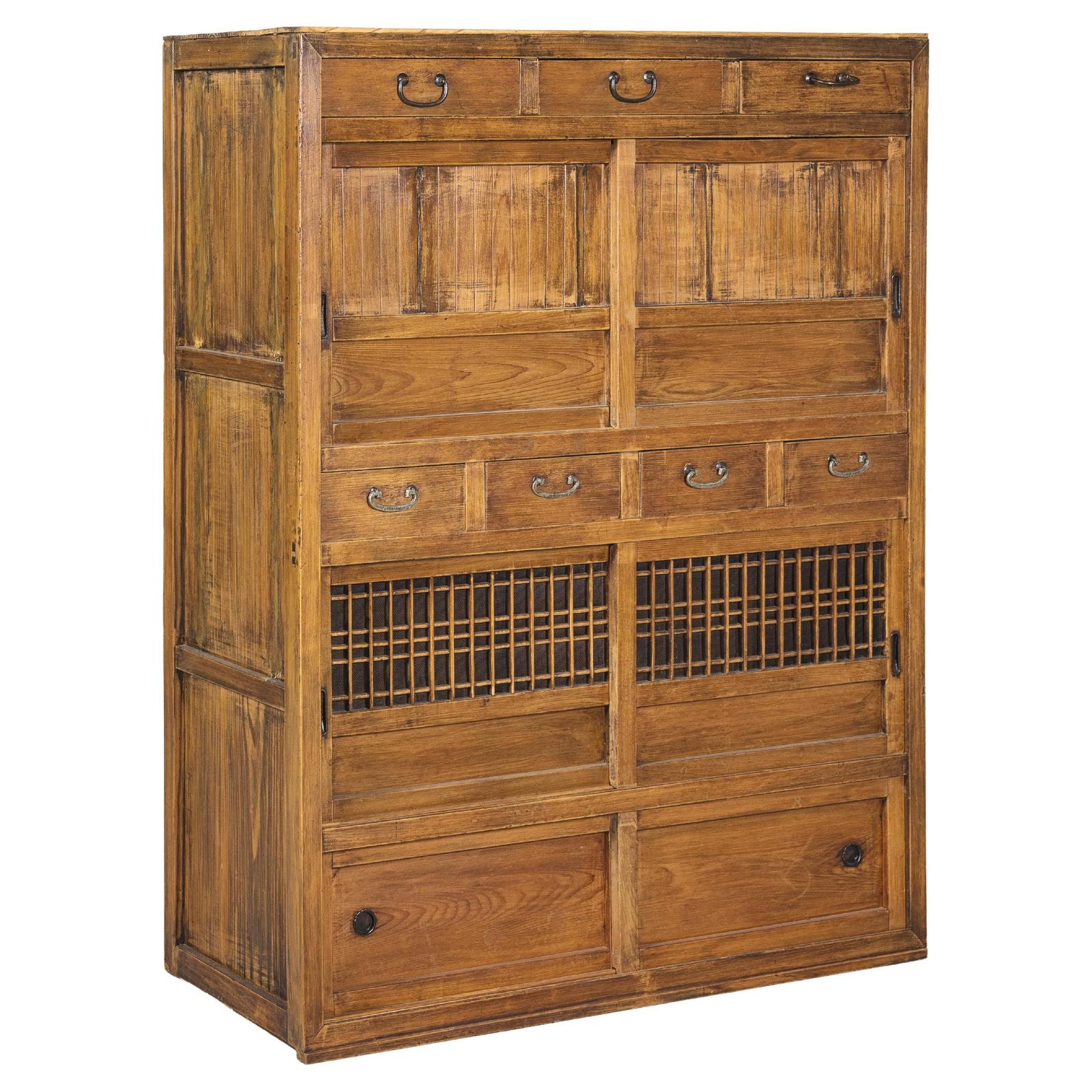 Taishō Period Mizuya Tansu Kitchen Chest in Sugi Wood with Sliding Door