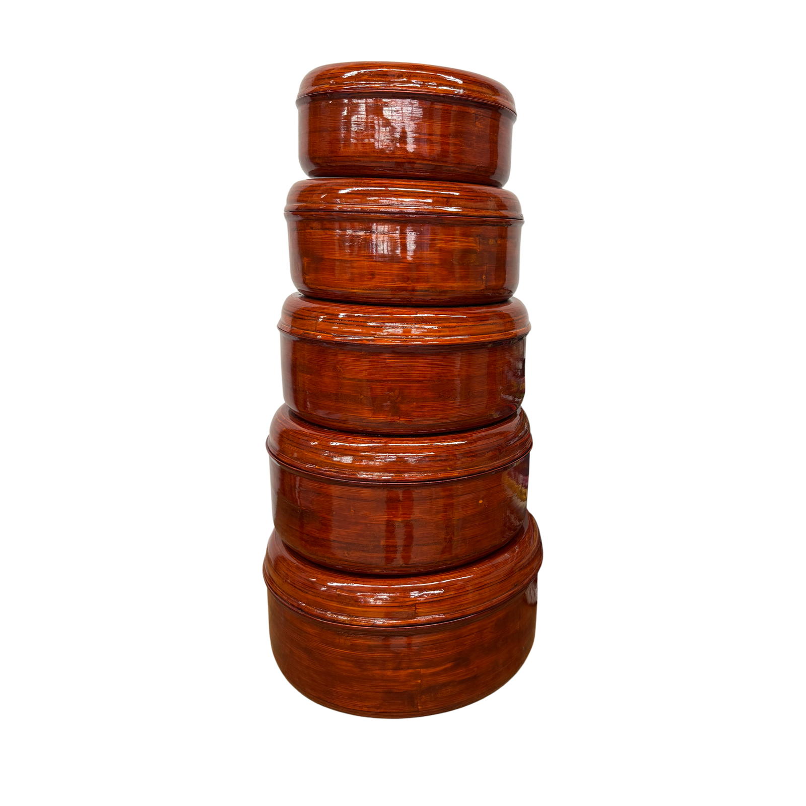 Five Nested Red Brown Wooden Storage Bowls with Lids - FEA Home