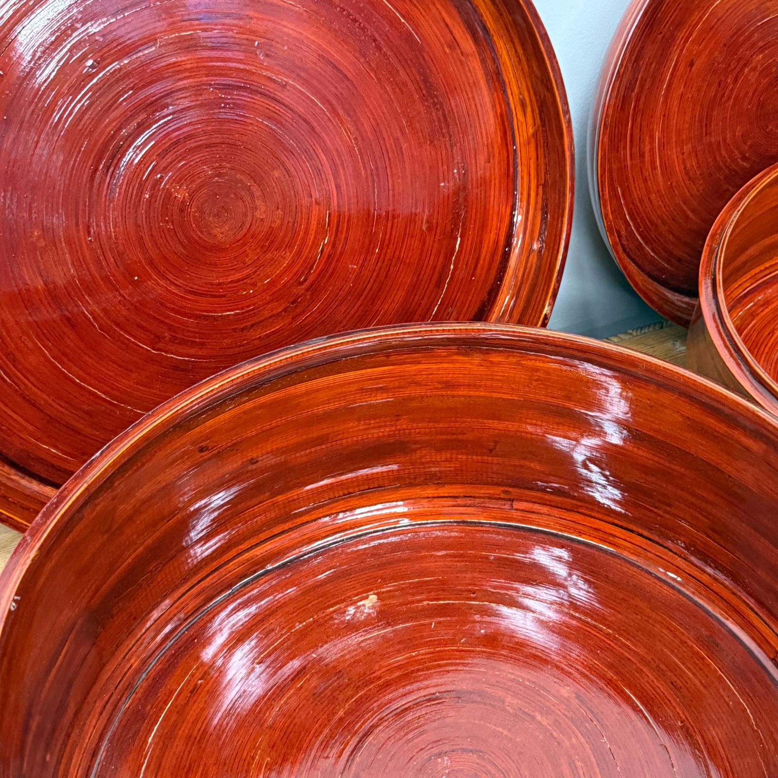 Five Nested Red Brown Wooden Storage Bowls with Lids - FEA Home