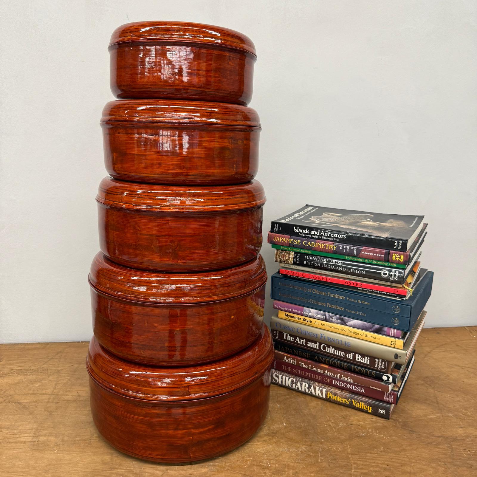 Five Nested Red Brown Wooden Storage Bowls with Lids - FEA Home