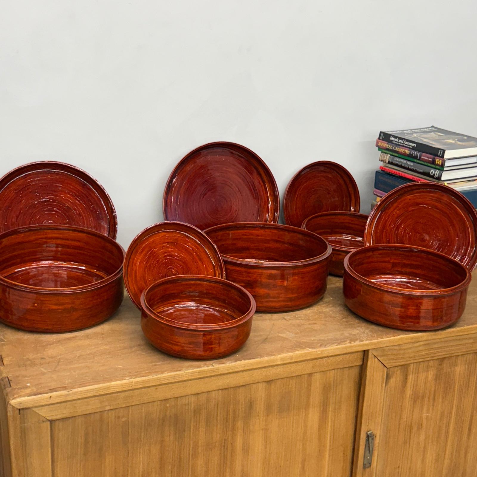 Five Nested Red Brown Wooden Storage Bowls with Lids - FEA Home