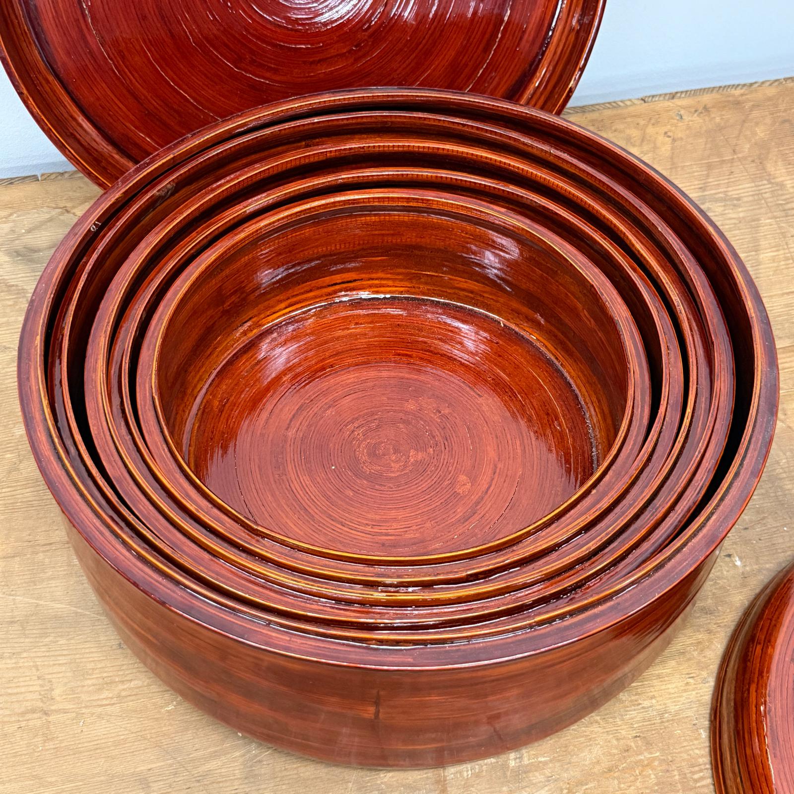 Five Nested Red Brown Wooden Storage Bowls with Lids - FEA Home
