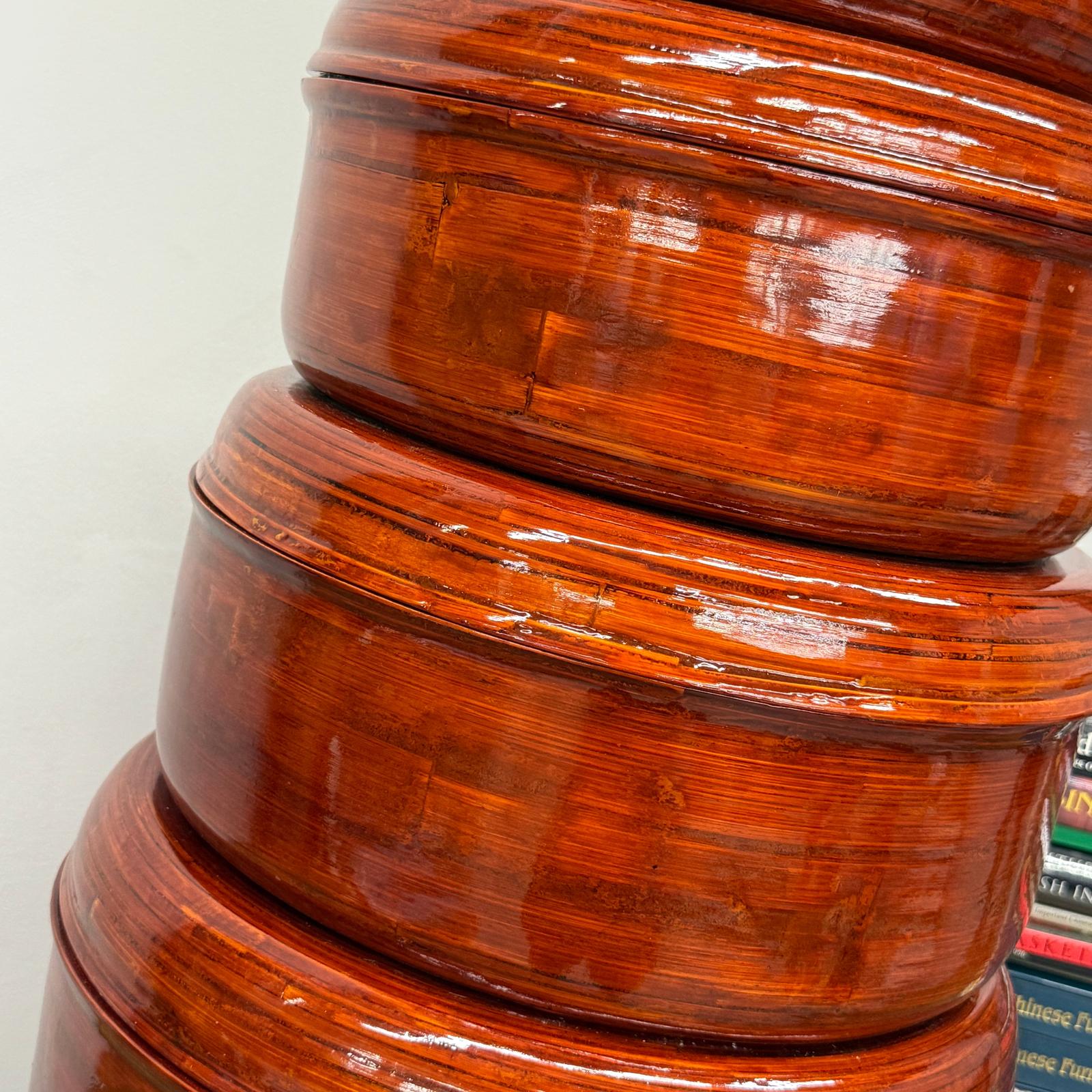 Five Nested Red Brown Wooden Storage Bowls with Lids - FEA Home