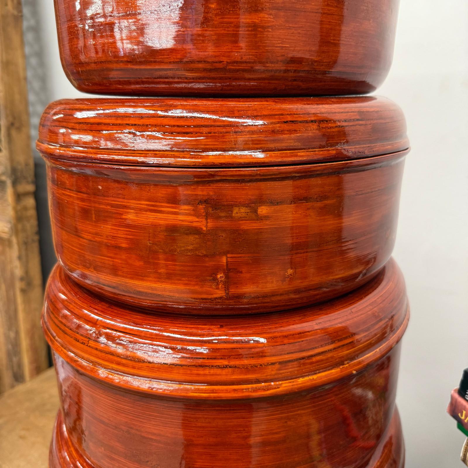 Five Nested Red Brown Wooden Storage Bowls with Lids - FEA Home