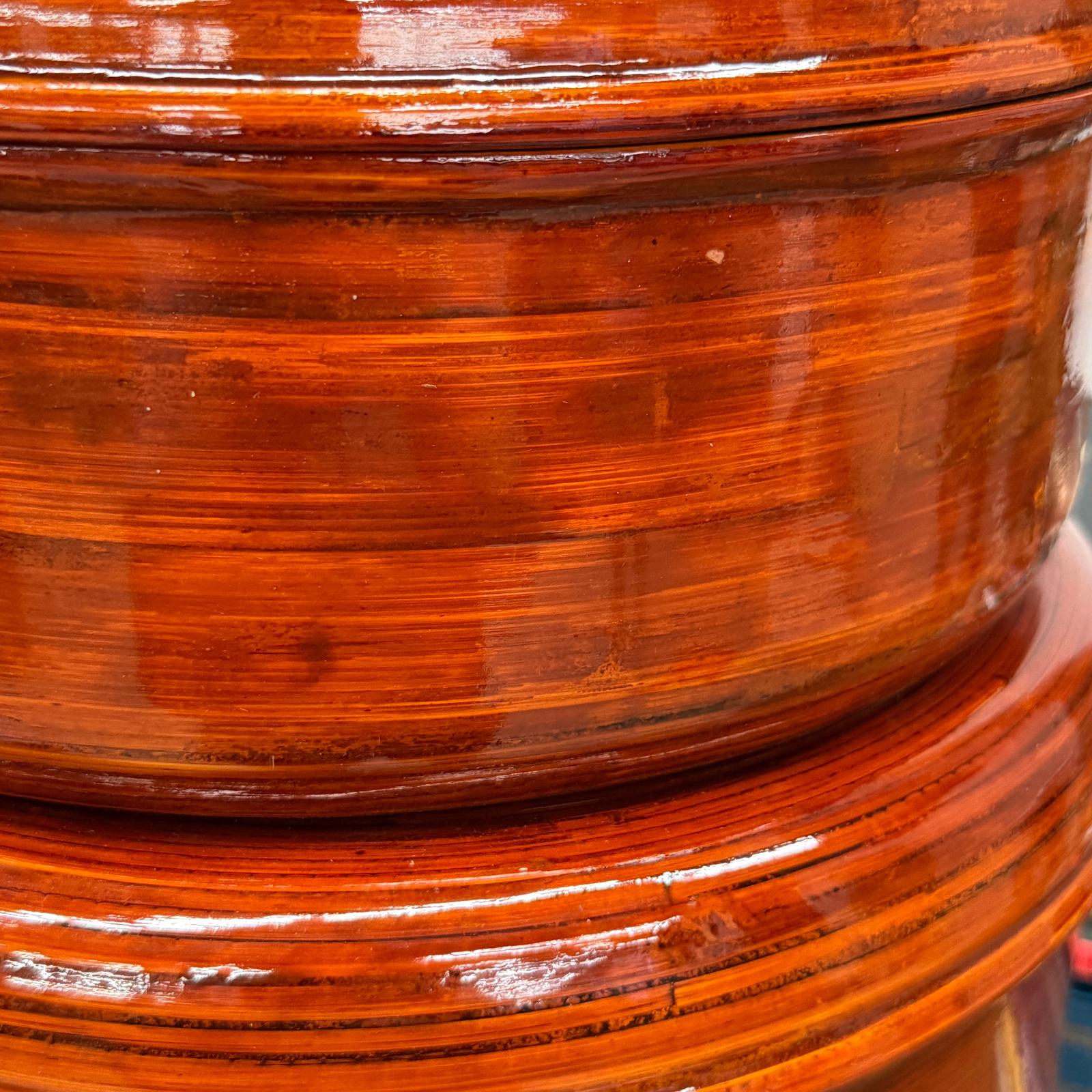 Five Nested Red Brown Wooden Storage Bowls with Lids - FEA Home